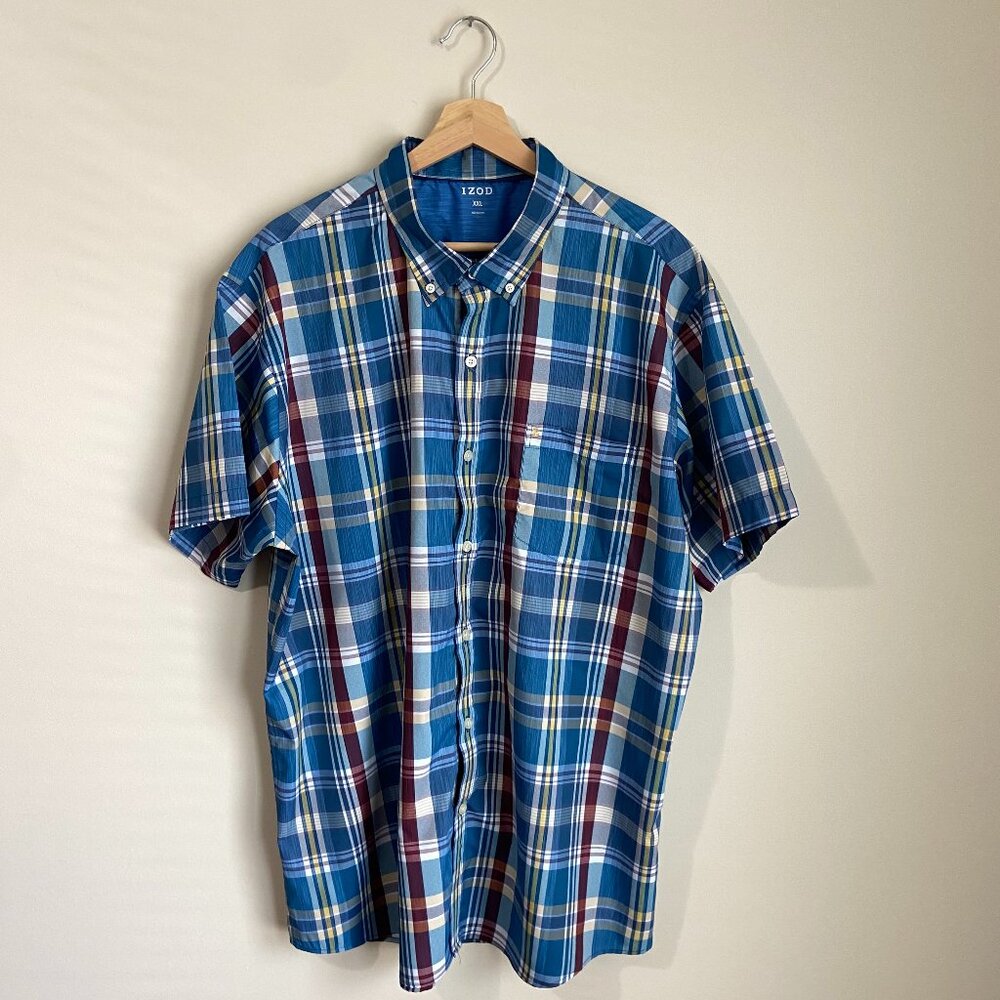 IZOD Men's (XXL) Short Sleeve Button Down Lightweight Blue Plaid